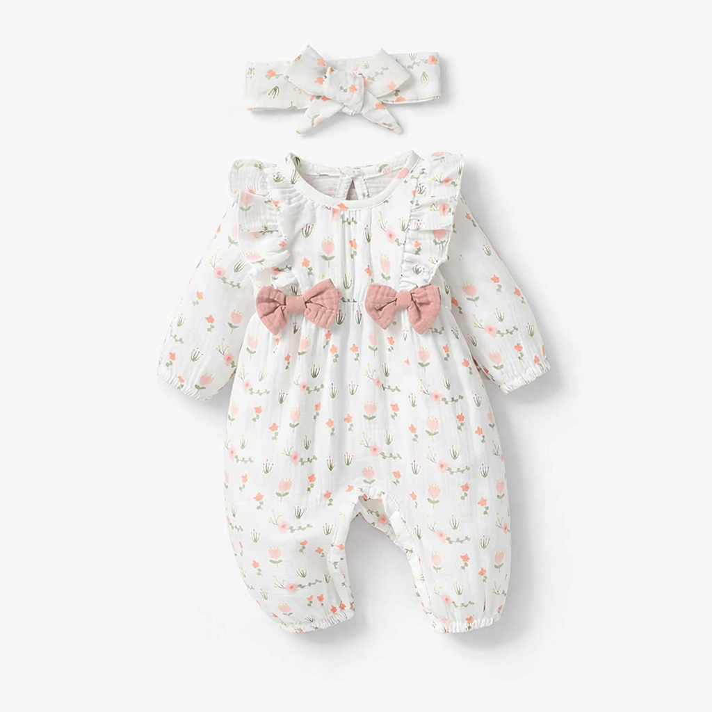 Sweet Floral Baby Romper with Matching Bow Headband Set