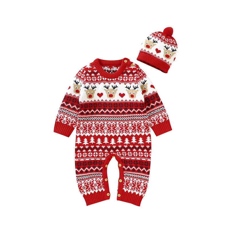 Festive Reindeer Knit Baby Romper with Matching Hat