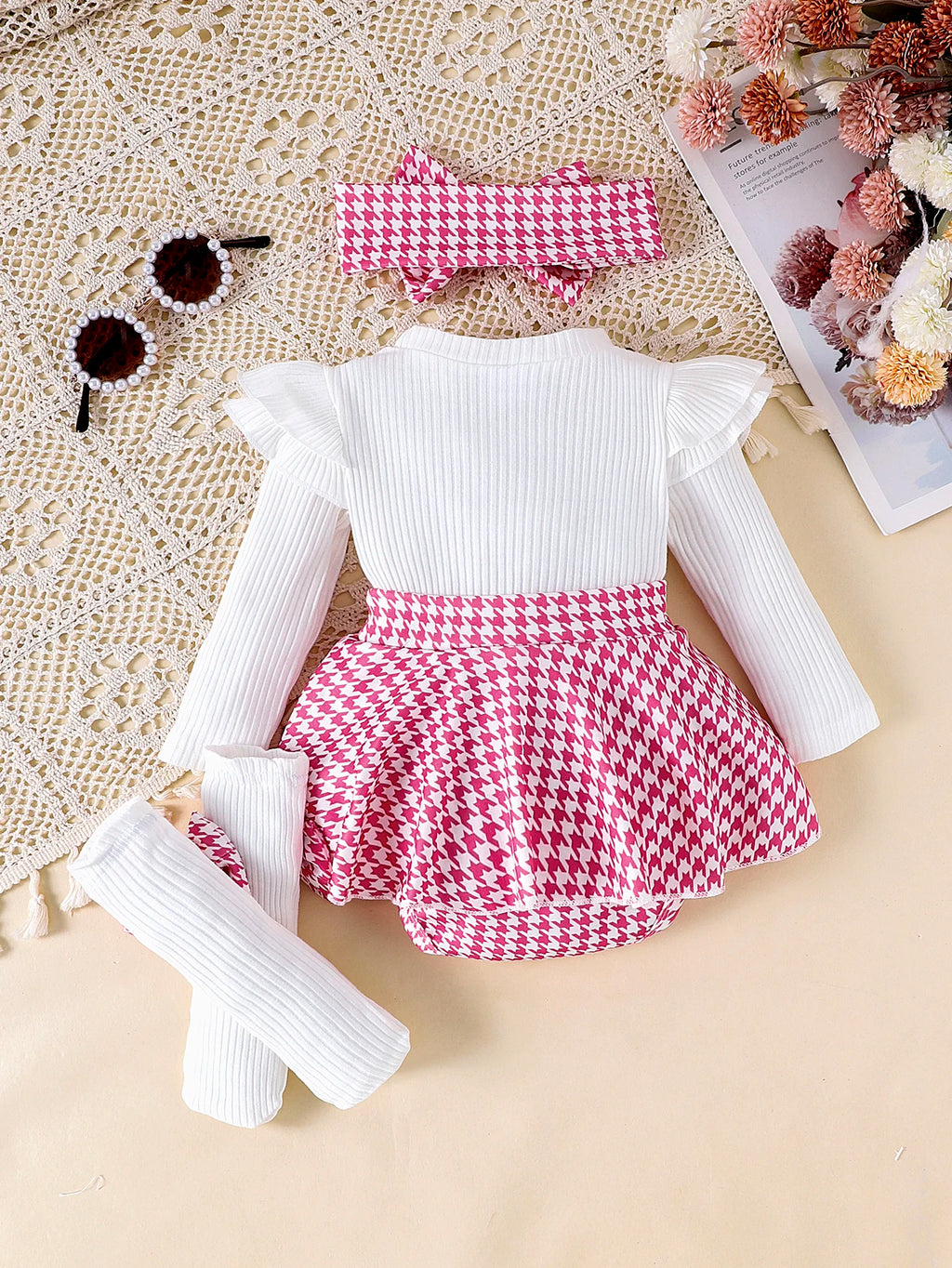 Sweet Autumn Baby Girl Dress Set with Bow Headband and Tights