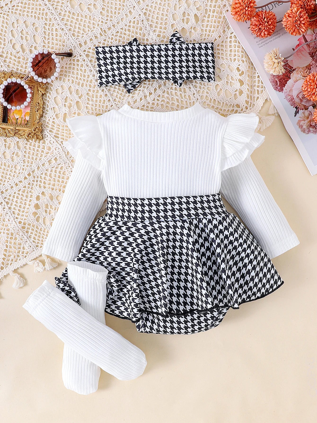 Sweet Autumn Baby Girl Dress Set with Bow Headband and Tights