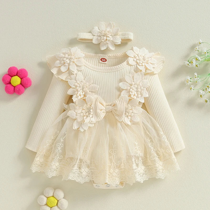 Floral Baby Girl Princess Romper Dress with Headband