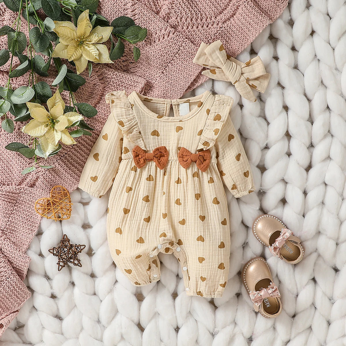 Sweet Floral Baby Romper with Matching Bow Headband Set