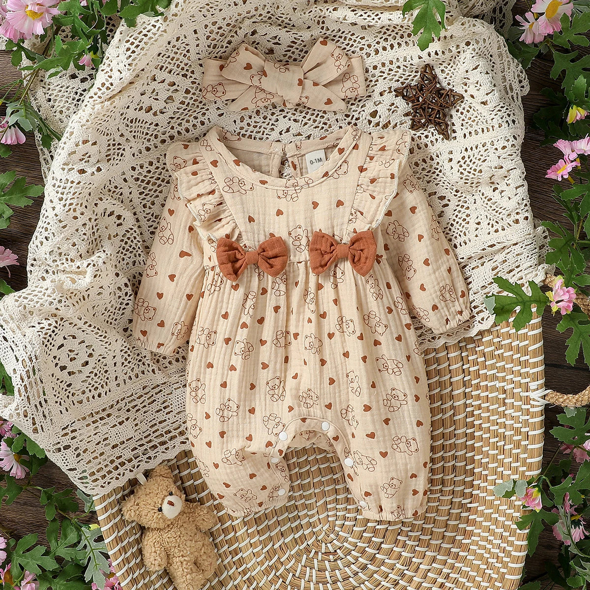 Sweet Floral Baby Romper with Matching Bow Headband Set
