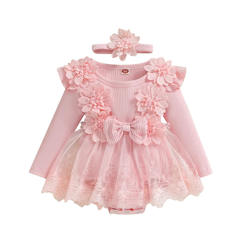 Floral Baby Girl Princess Romper Dress with Headband