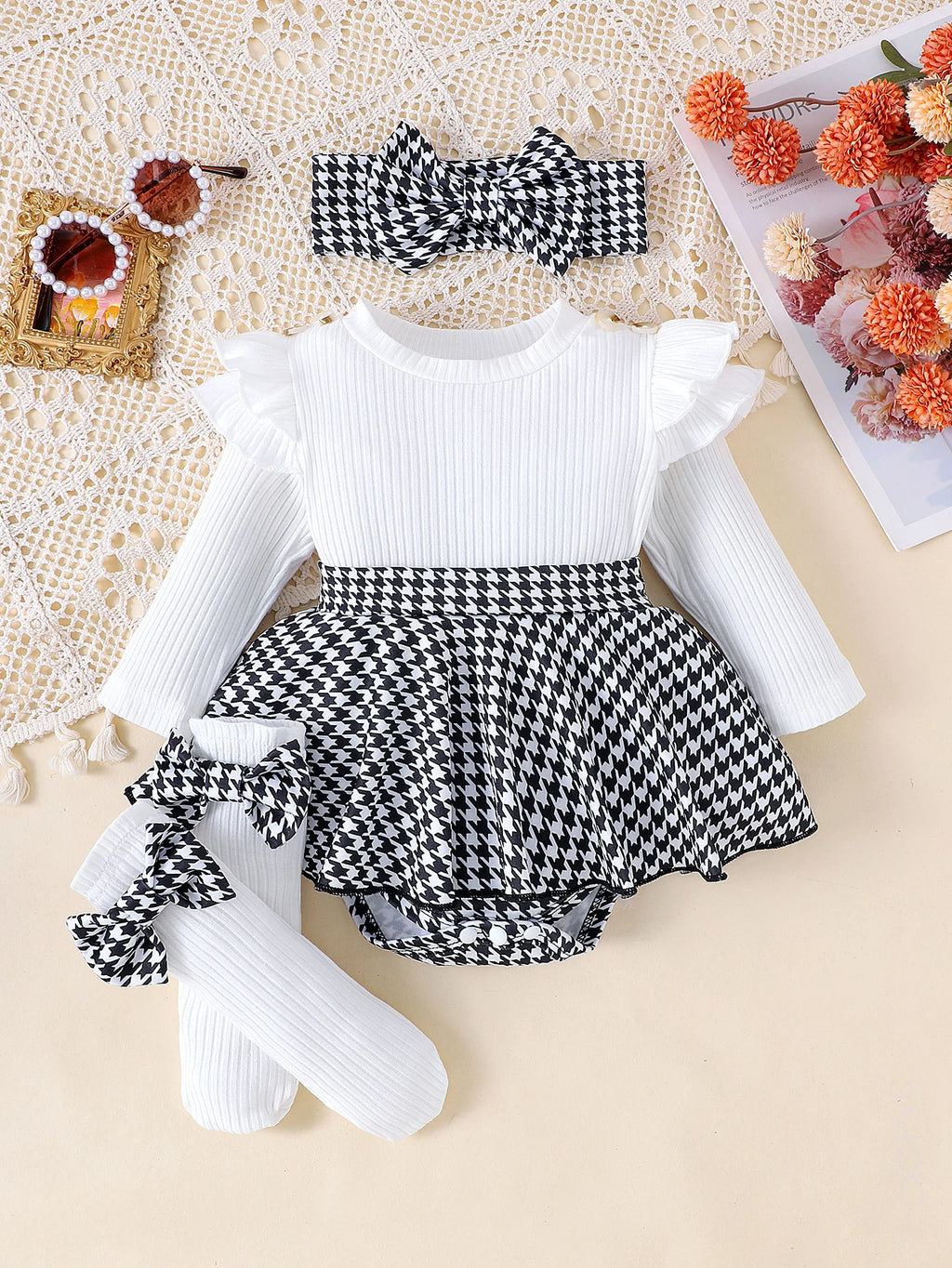 Sweet Autumn Baby Girl Dress Set with Bow Headband and Tights