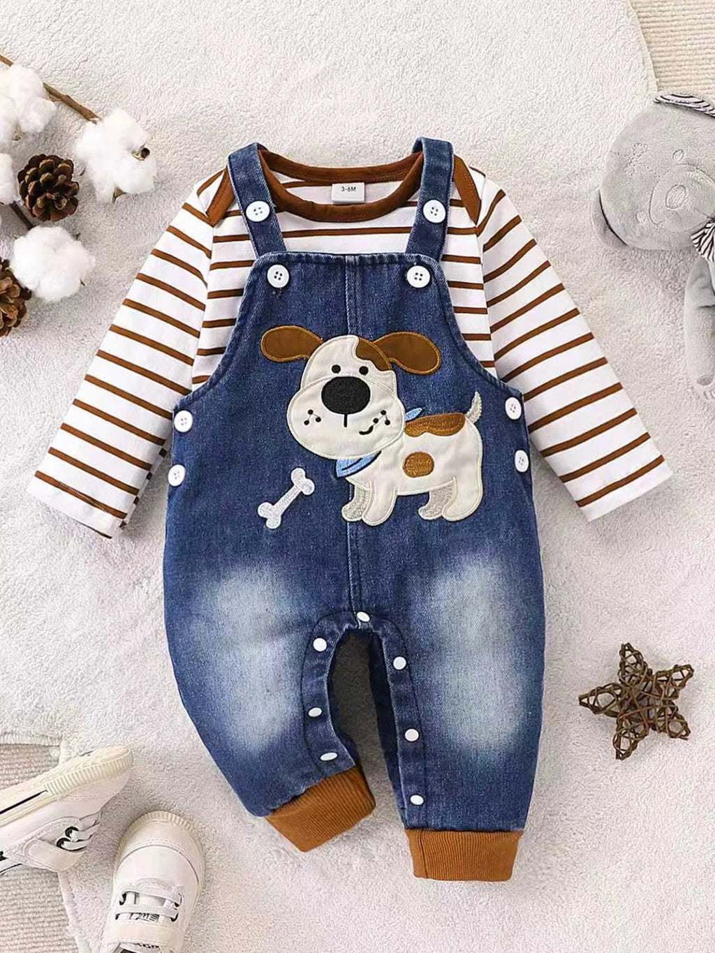 Striped Jumpsuit with Adorable Denim Puppy Charm Set