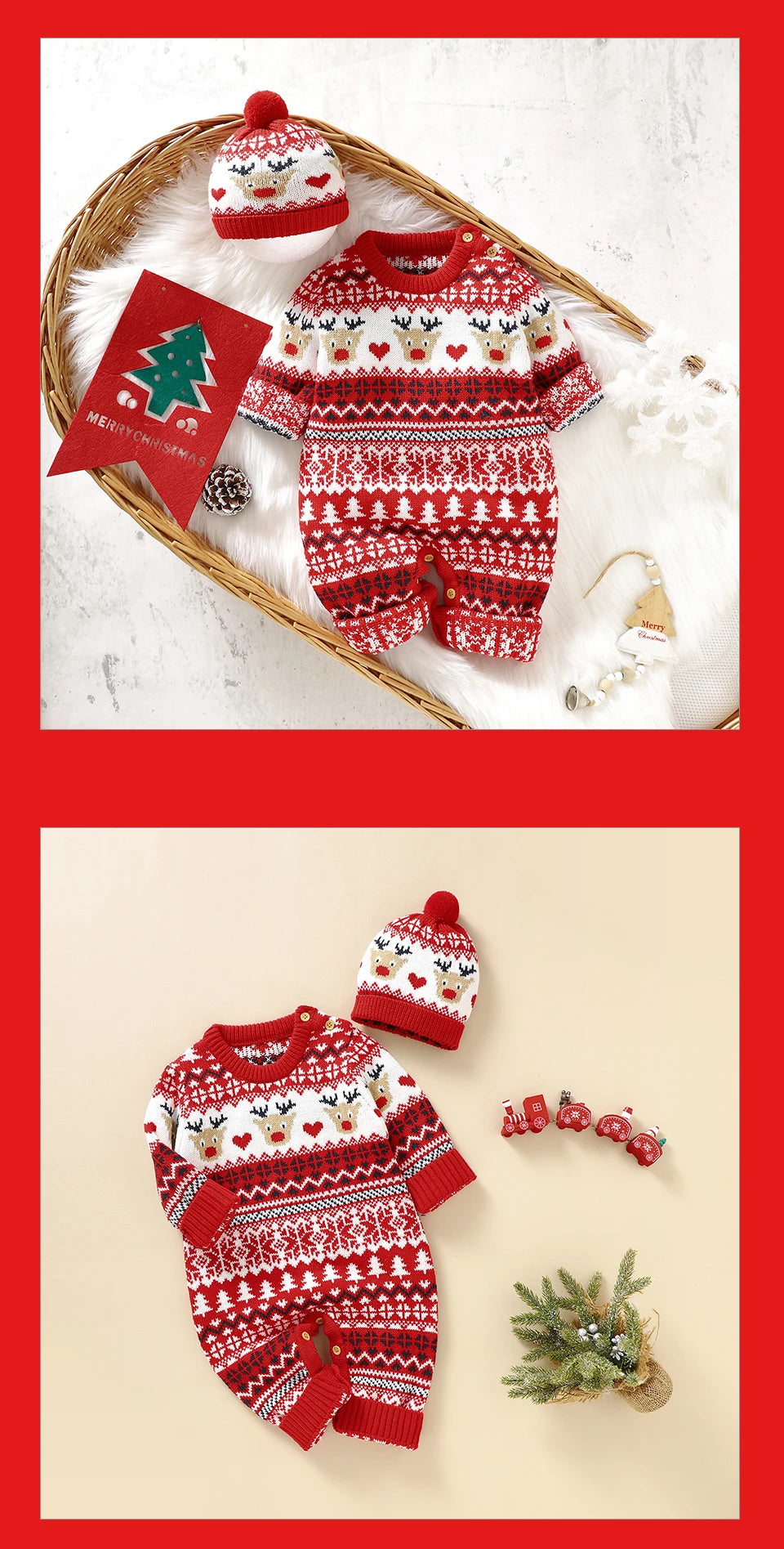 Festive Reindeer Knit Baby Romper with Matching Hat