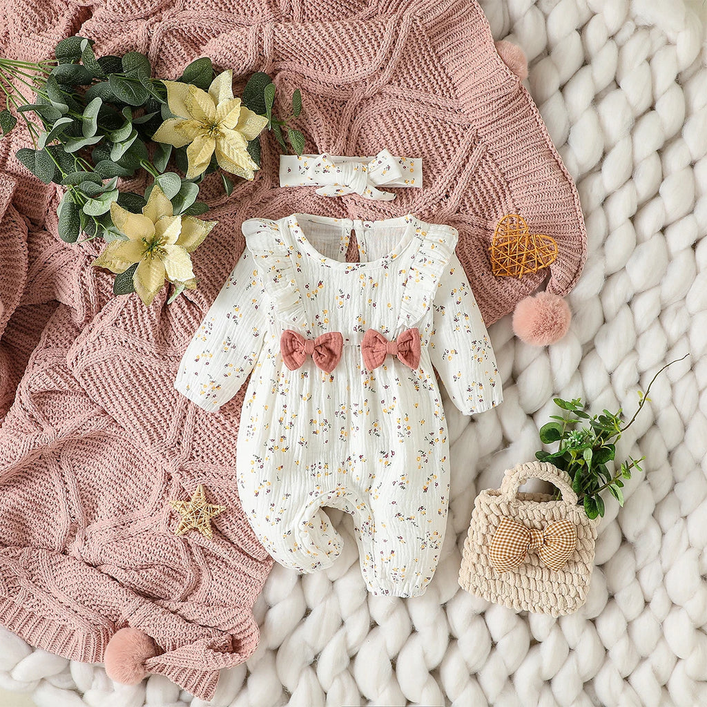 Sweet Floral Baby Romper with Matching Bow Headband Set