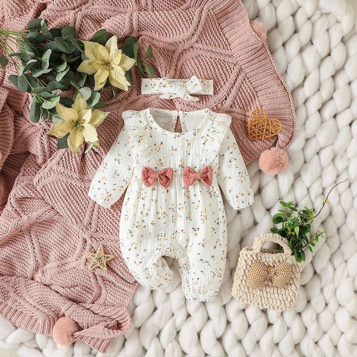 Sweet Floral Baby Romper with Matching Bow Headband Set