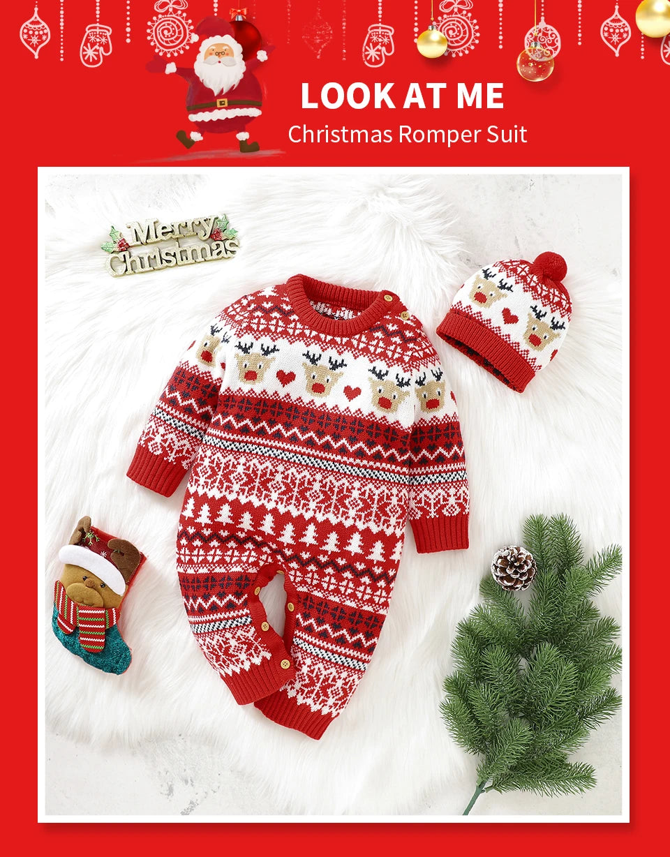 Festive Reindeer Knit Baby Romper with Matching Hat