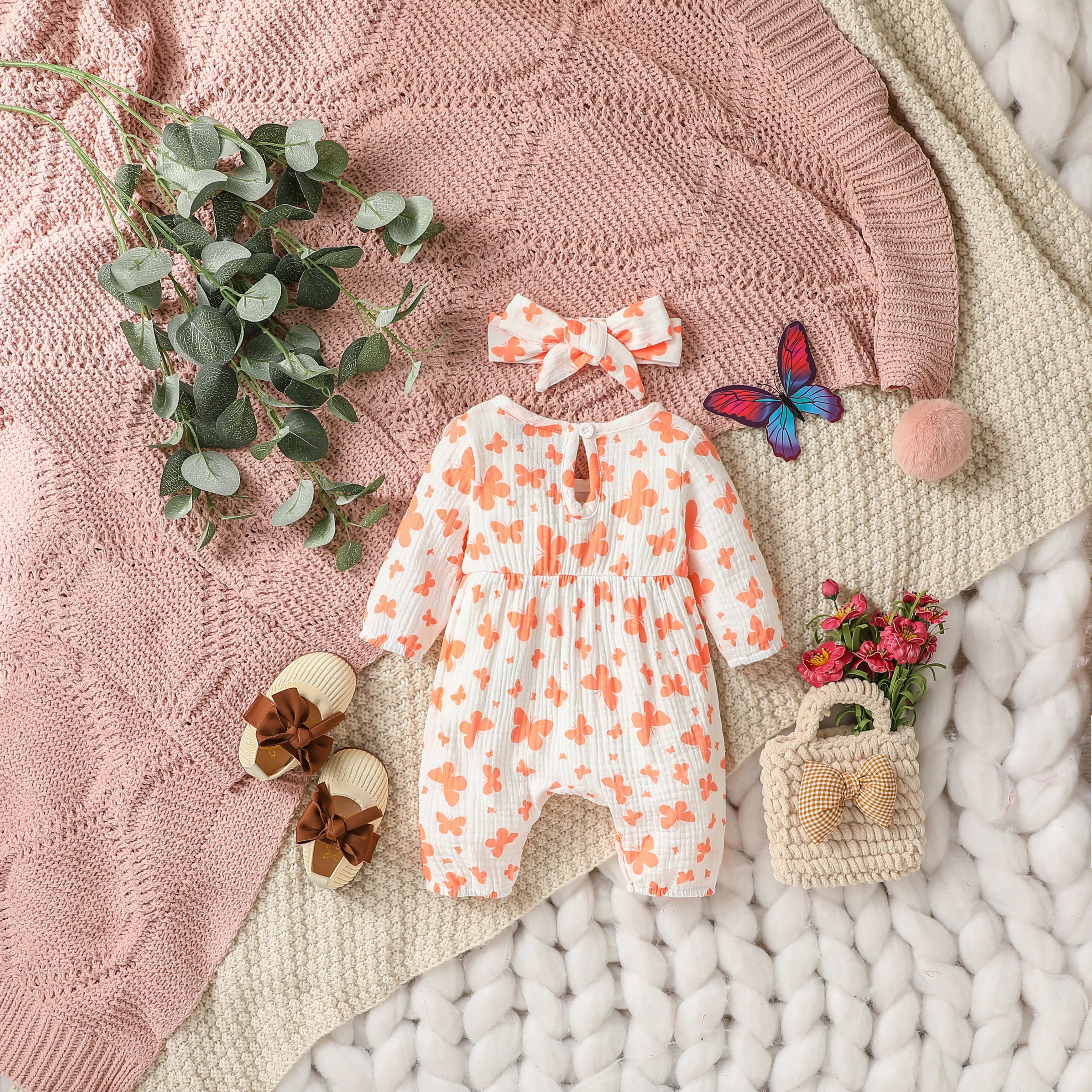 Sweet Floral Baby Romper with Matching Bow Headband Set