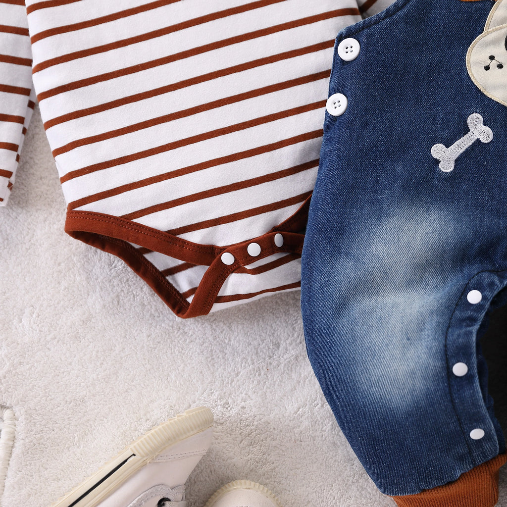 Striped Jumpsuit with Adorable Denim Puppy Charm Set