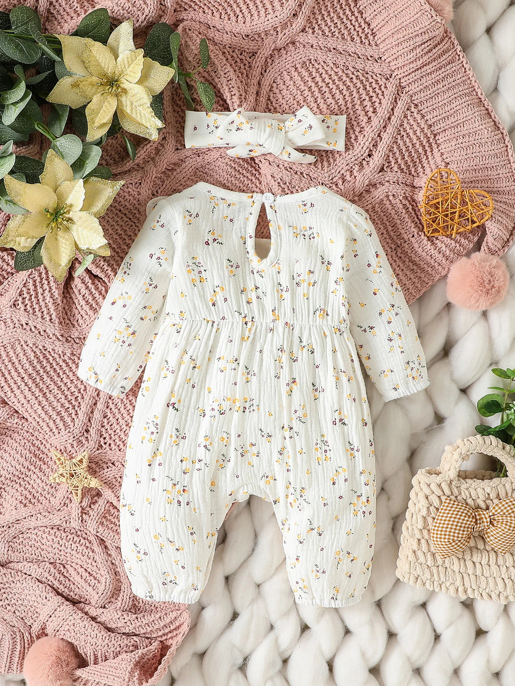 Sweet Floral Baby Romper with Matching Bow Headband Set