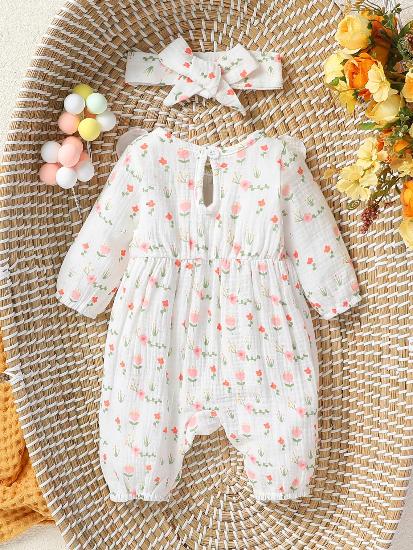Sweet Floral Baby Romper with Matching Bow Headband Set