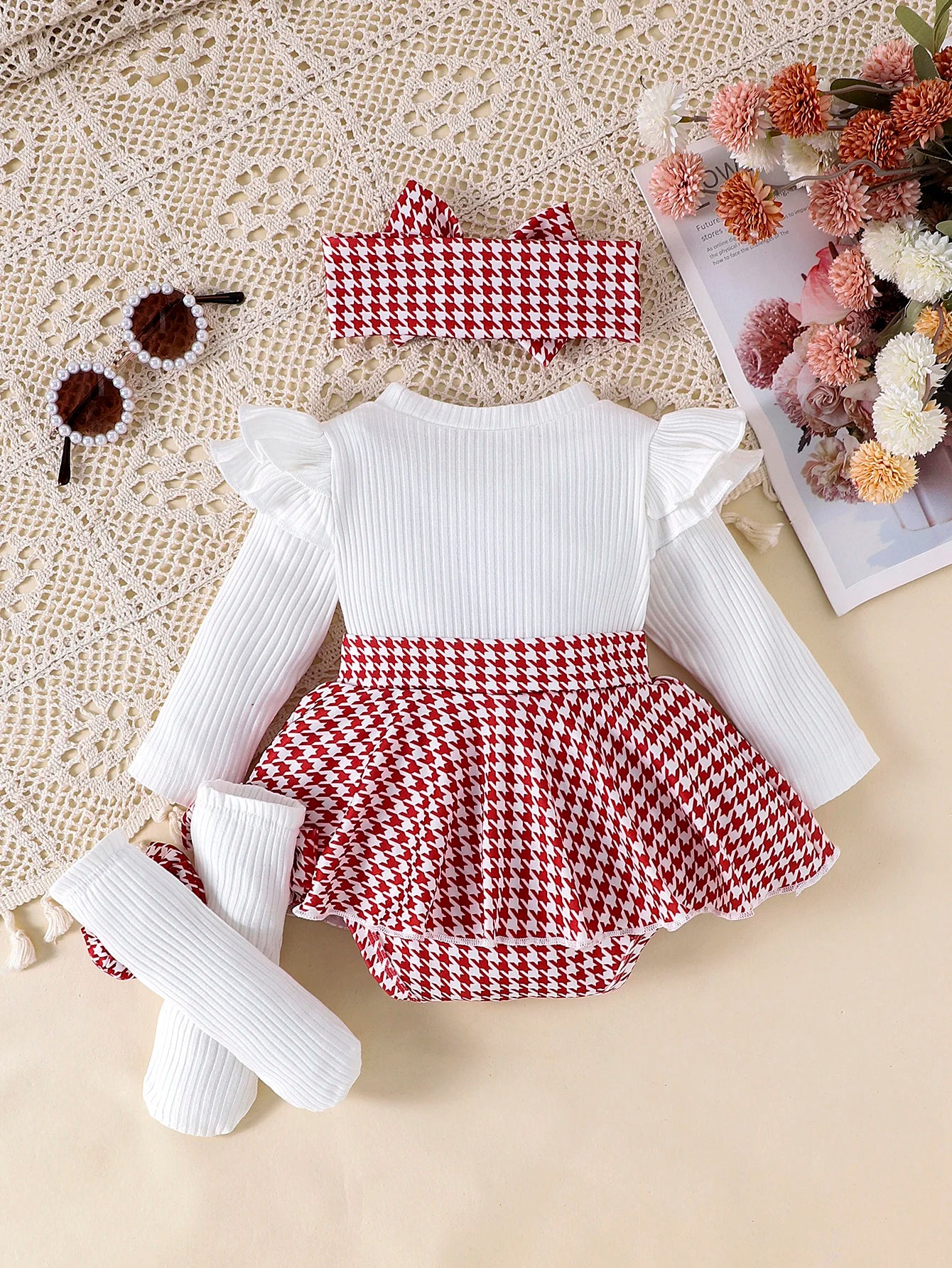 Sweet Autumn Baby Girl Dress Set with Bow Headband and Tights