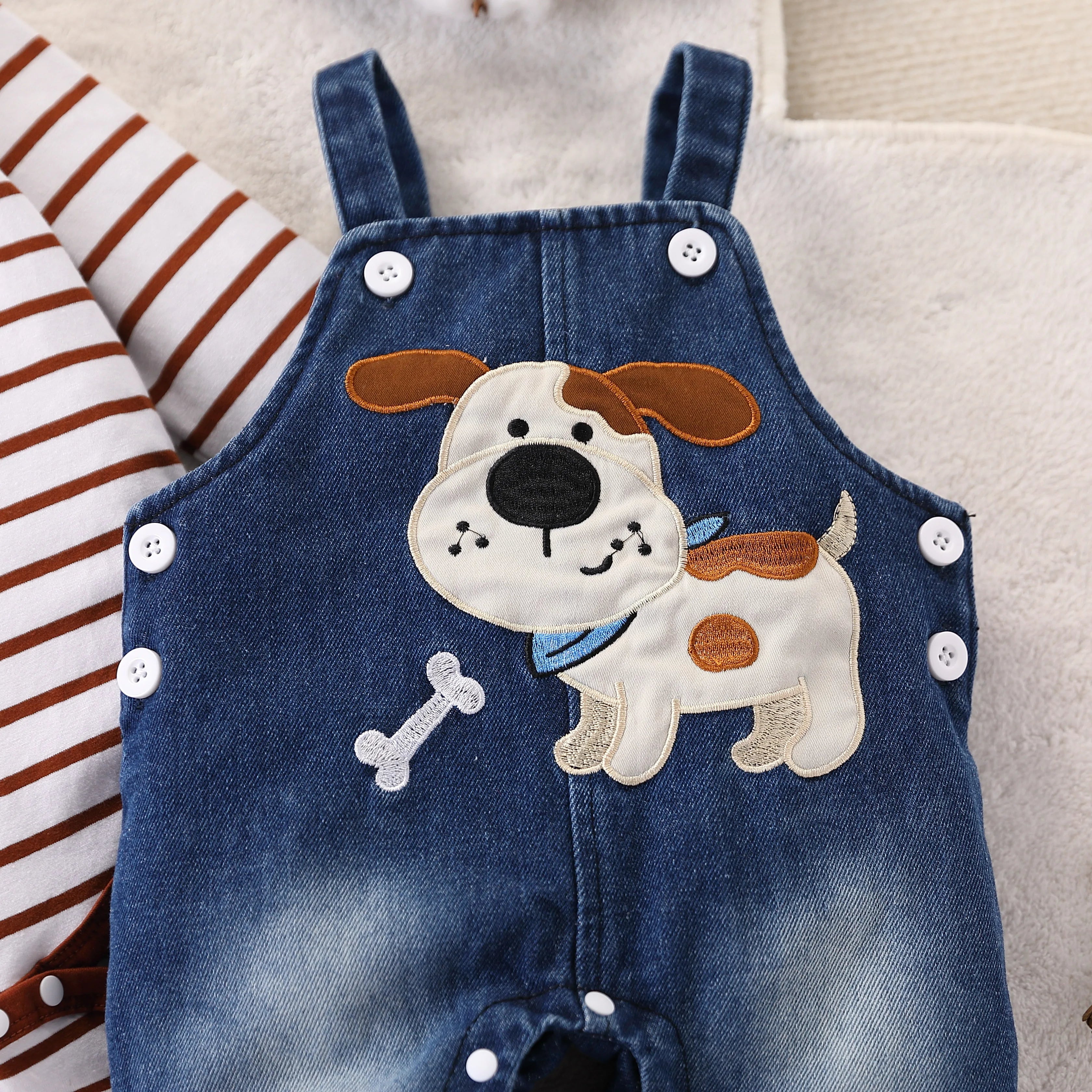 Striped Jumpsuit with Adorable Denim Puppy Charm Set