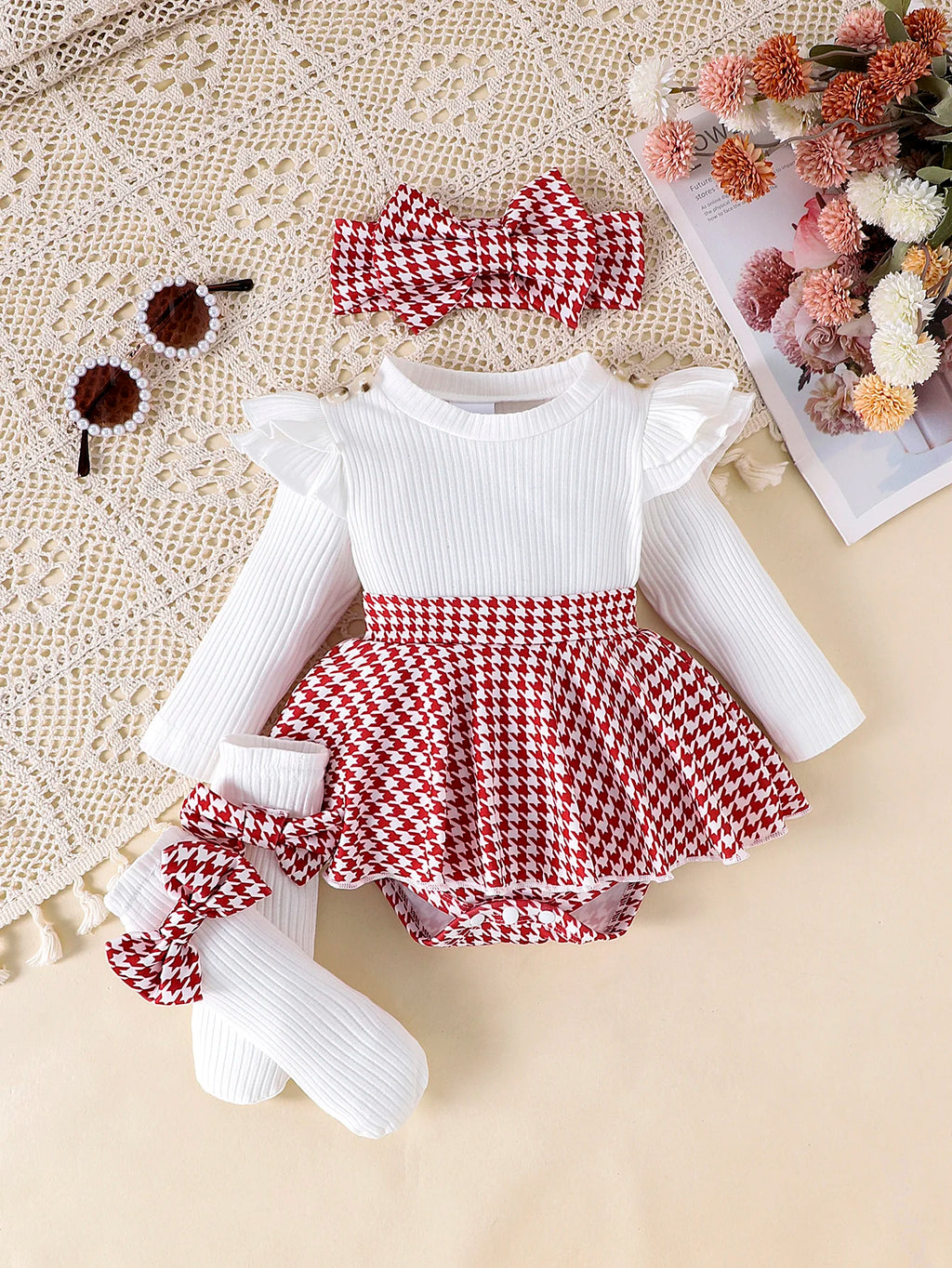 Sweet Autumn Baby Girl Dress Set with Bow Headband and Tights