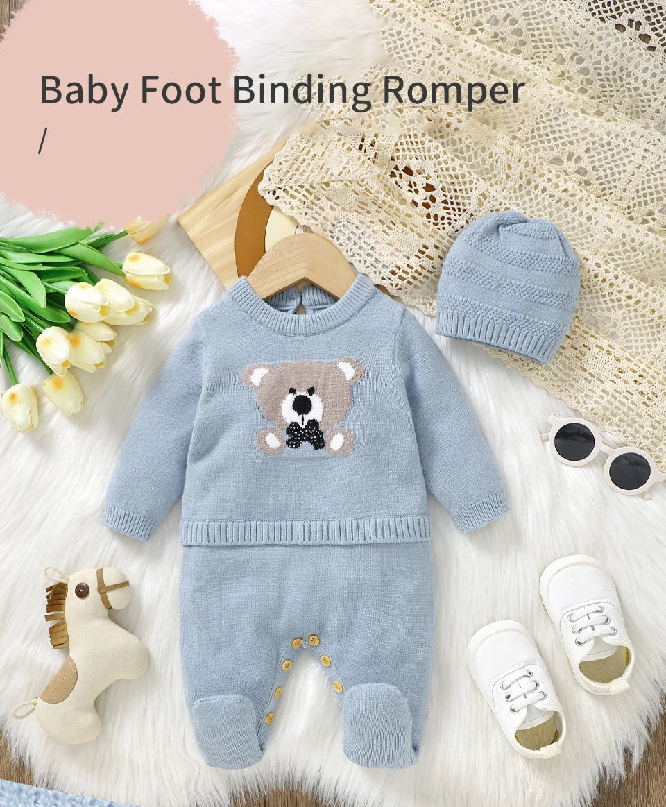 Classic Bear Embroidered Baby Knit Romper with Hat 2pcs