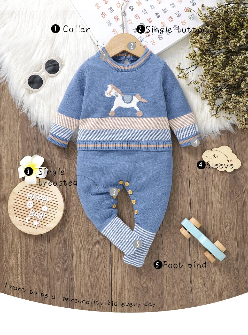 Classic Horse Embroidered Baby Knit Romper