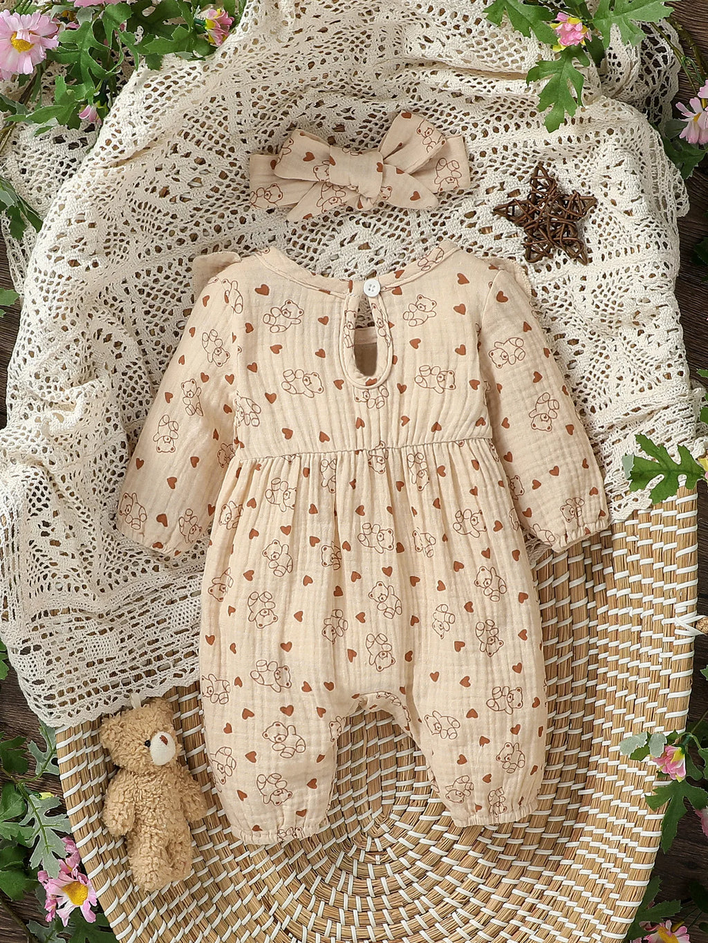 Sweet Floral Baby Romper with Matching Bow Headband Set