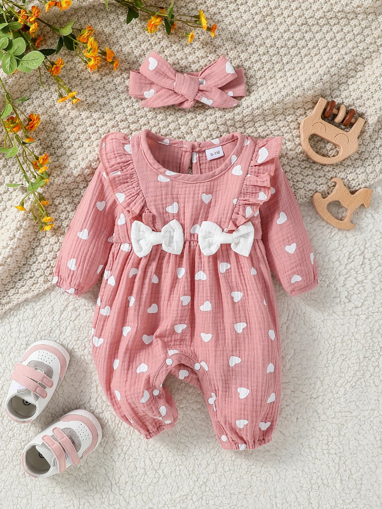 Sweet Floral Baby Romper with Matching Bow Headband Set