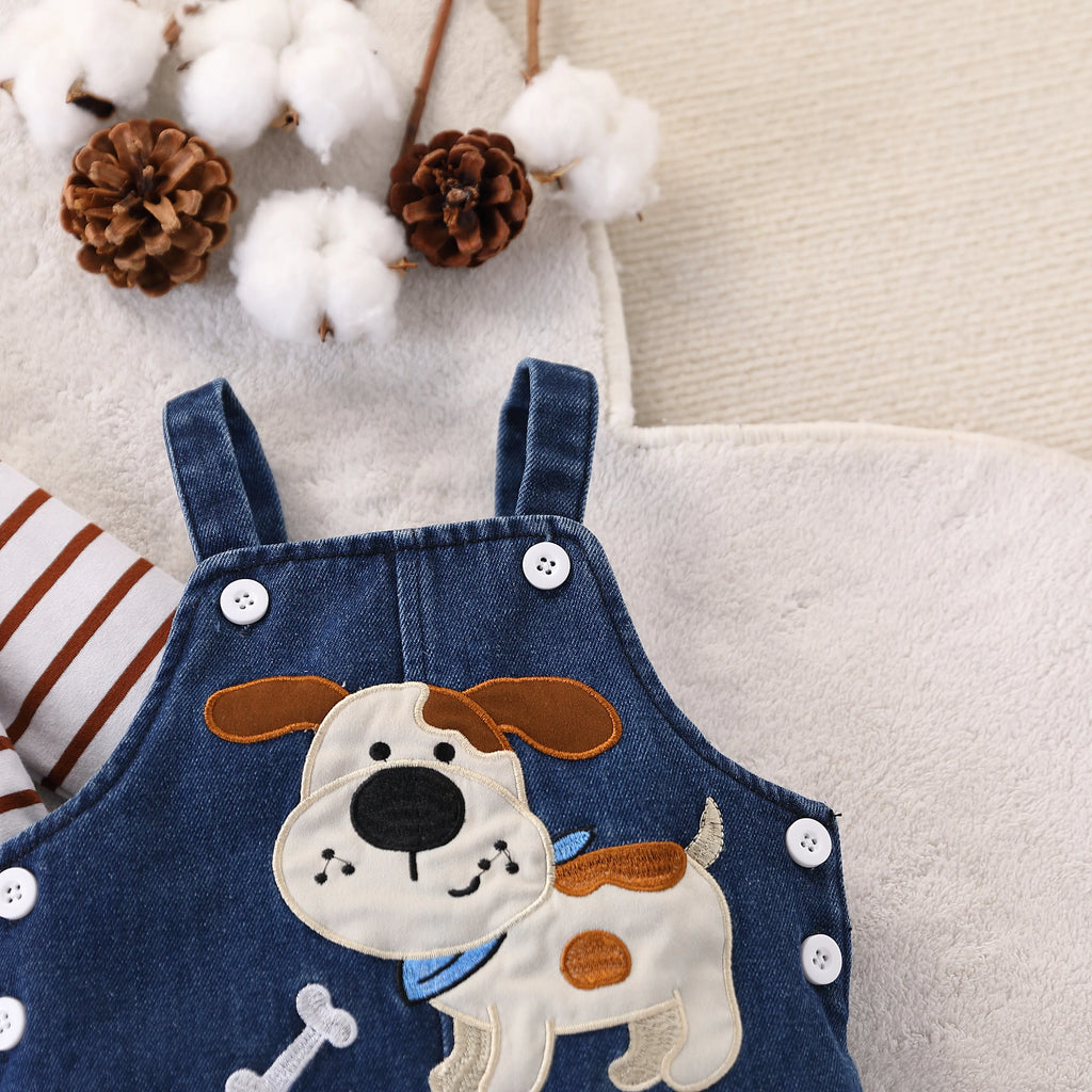 Striped Jumpsuit with Adorable Denim Puppy Charm Set