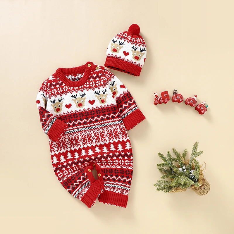 Festive Reindeer Knit Baby Romper with Matching Hat