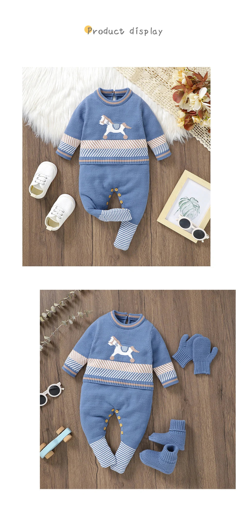 Classic Horse Embroidered Baby Knit Romper