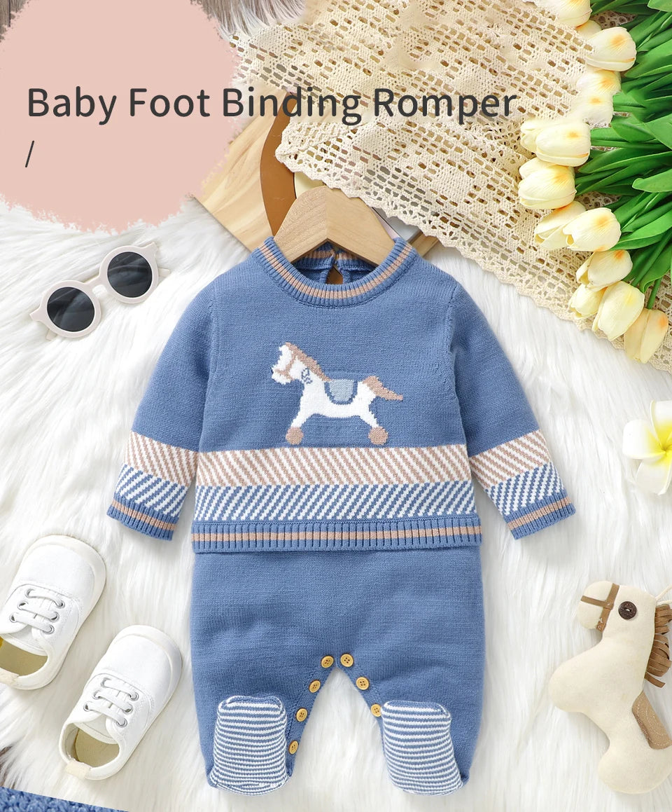 Classic Horse Embroidered Baby Knit Romper