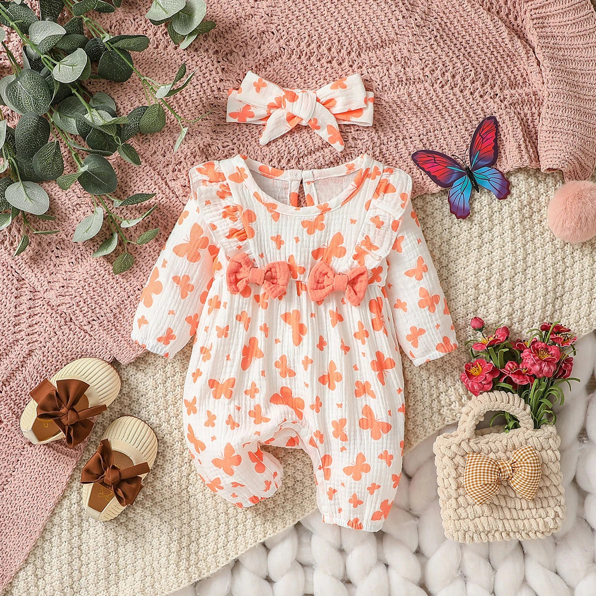 Sweet Floral Baby Romper with Matching Bow Headband Set