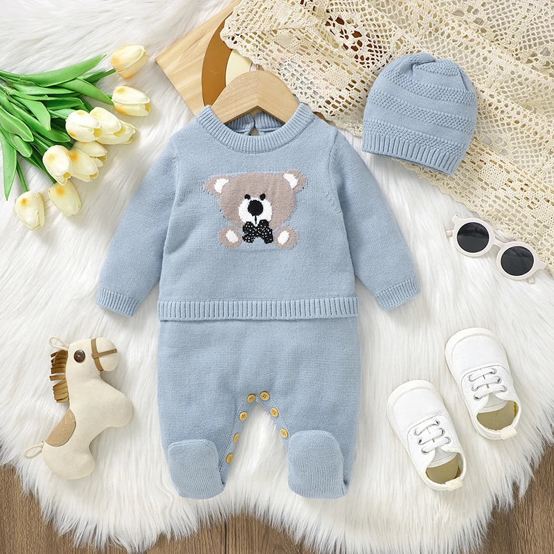 Classic Bear Embroidered Baby Knit Romper with Hat 2pcs