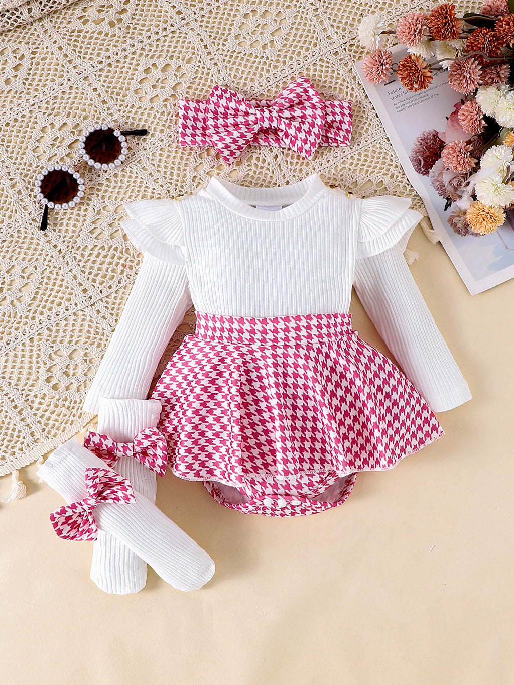 Sweet Autumn Baby Girl Dress Set with Bow Headband and Tights
