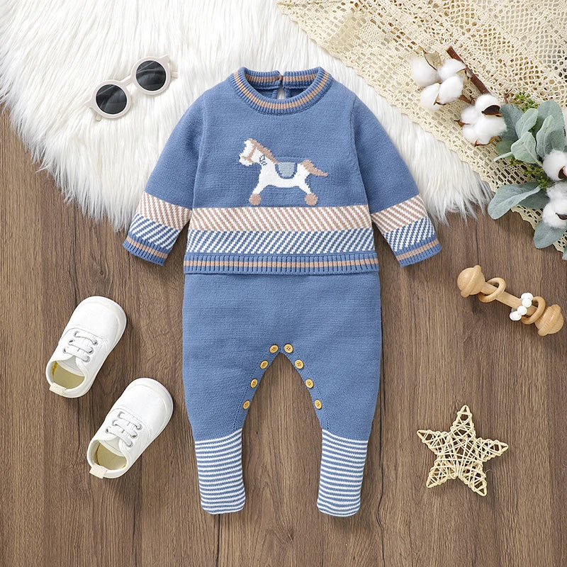 Classic Horse Embroidered Baby Knit Romper