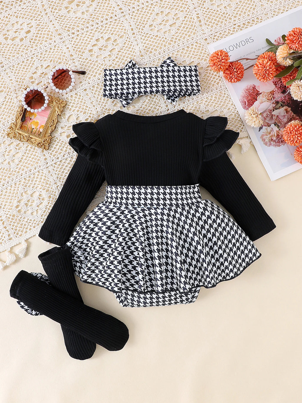 Sweet Autumn Baby Girl Dress Set with Bow Headband and Tights
