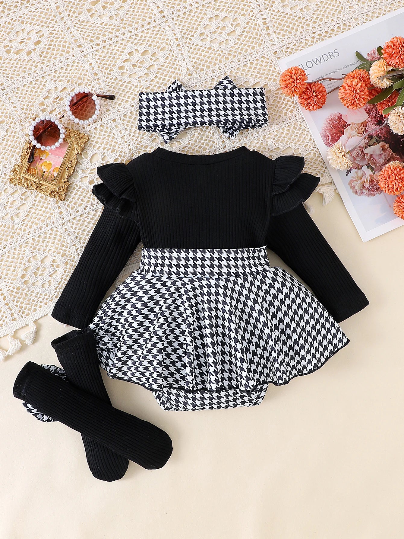 Sweet Autumn Baby Girl Dress Set with Bow Headband and Tights