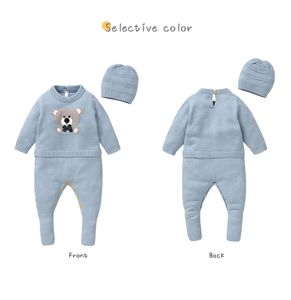 Classic Bear Embroidered Baby Knit Romper with Hat 2pcs