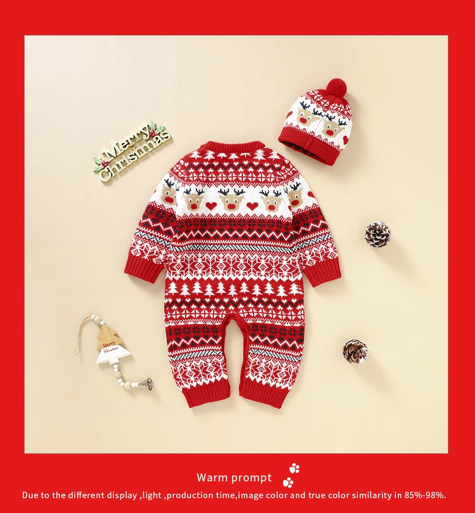 Festive Reindeer Knit Baby Romper with Matching Hat
