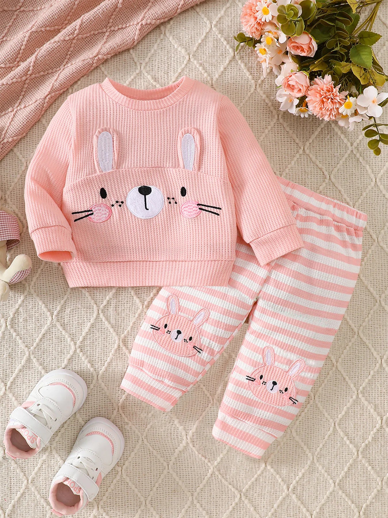 Sweet Bunny Embroidery Waffle Lounge Set