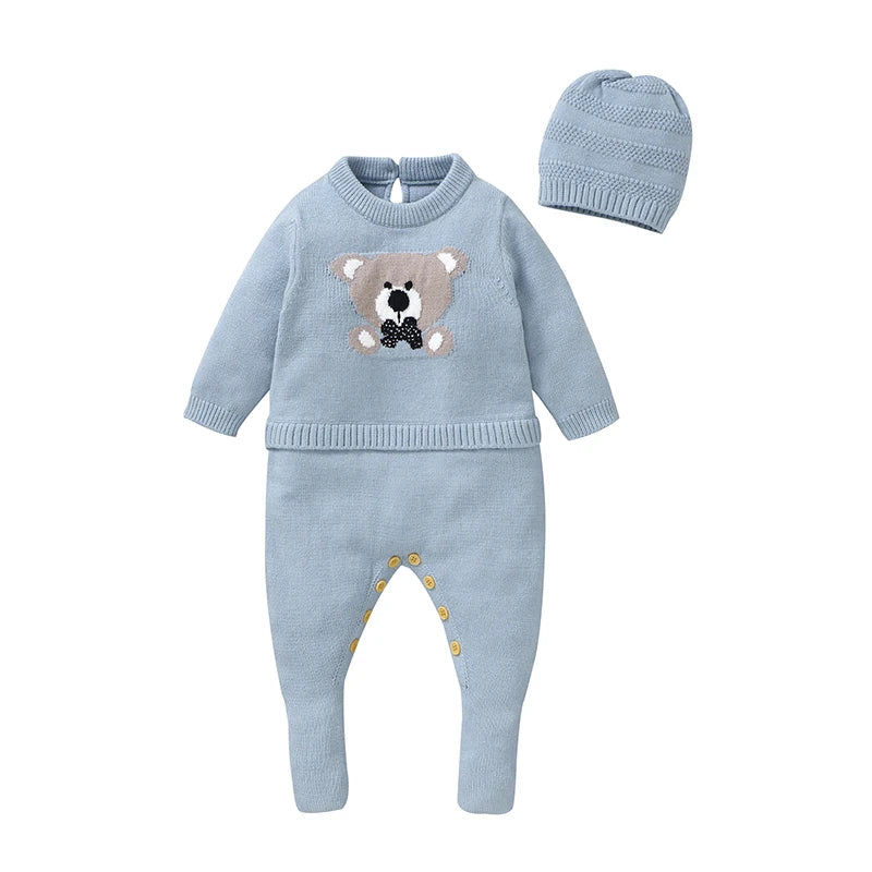 Classic Bear Embroidered Baby Knit Romper with Hat 2pcs