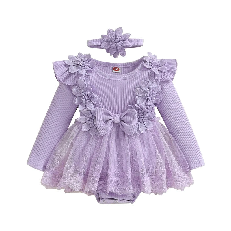 Floral Baby Girl Princess Romper Dress with Headband