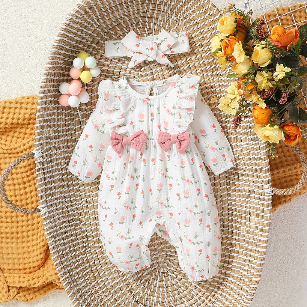 Sweet Floral Baby Romper with Matching Bow Headband Set