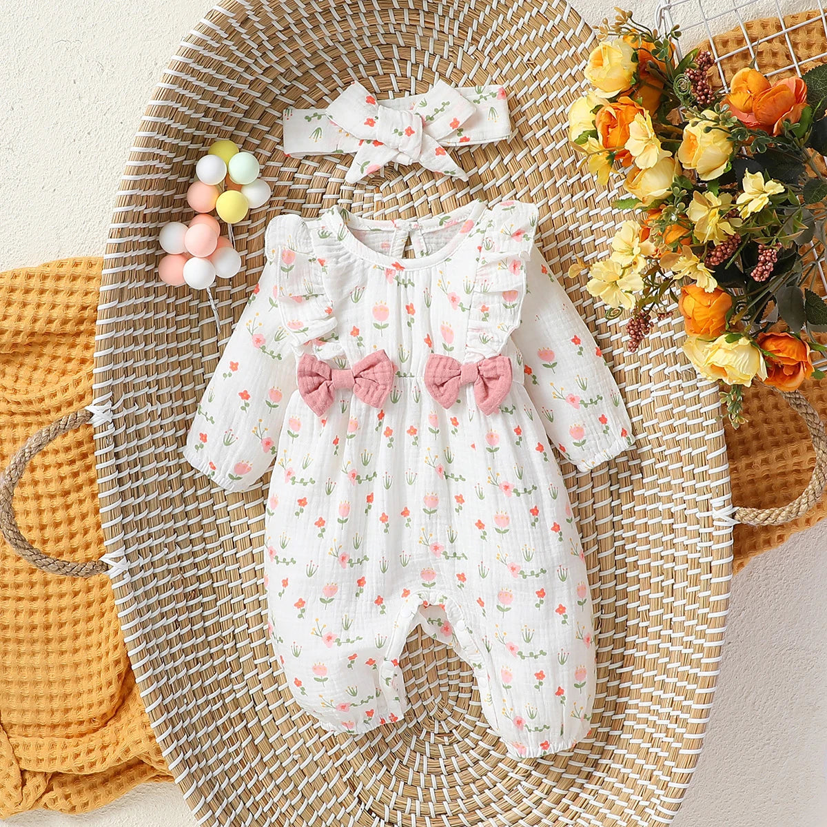 Sweet Floral Baby Romper with Matching Bow Headband Set