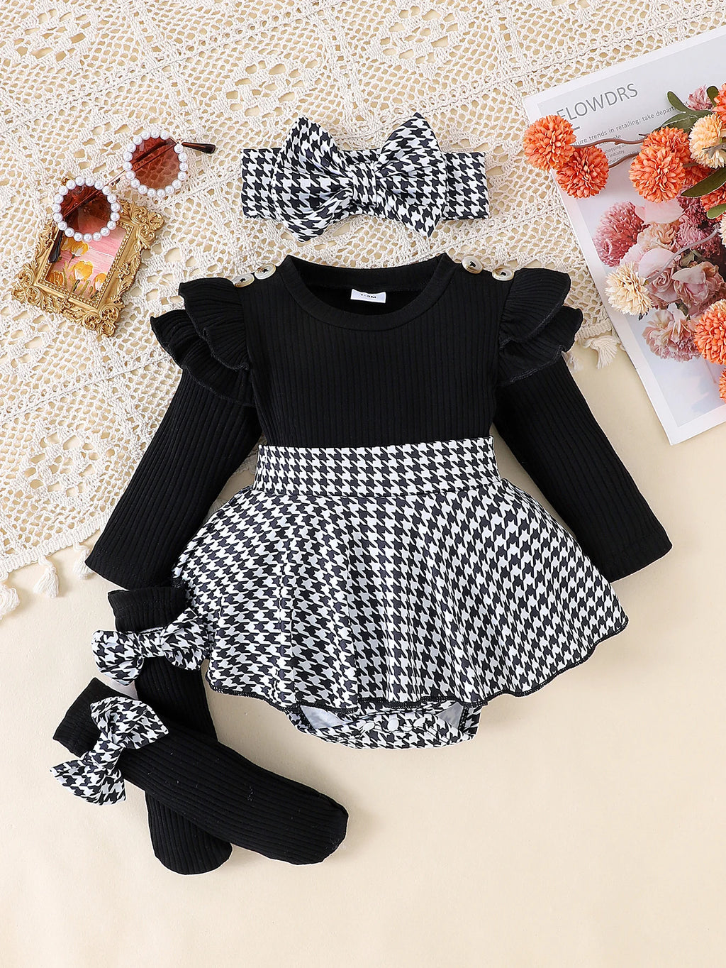 Sweet Autumn Baby Girl Dress Set with Bow Headband and Tights